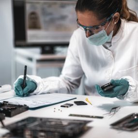 Digital Forensic Science. Police Forensic Analyst Examining Confiscated Mobile Phone.